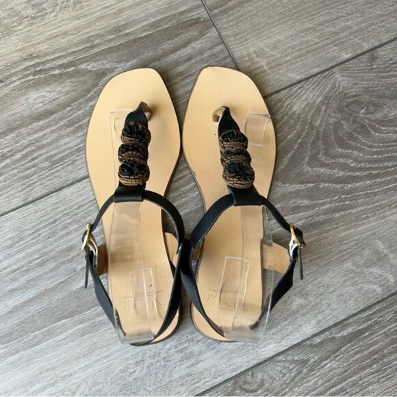 Victor Black Floral Accent Thong Leather Sandal Made in Italy - Picture 2 of 9